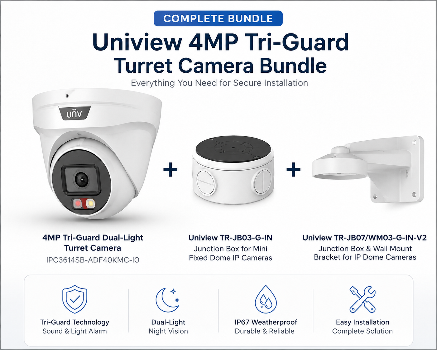 Uniview 4MP Tri-Guard Turret Camera Bundle with Junction Box & Wall Mount Bracket | IPC3614SB-ADF40KMC-I0