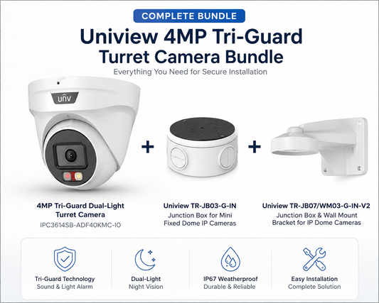 Uniview 4MP Tri-Guard Turret Camera Bundle with Junction Box & Wall Mount Bracket | IPC3614SB-ADF40KMC-I0